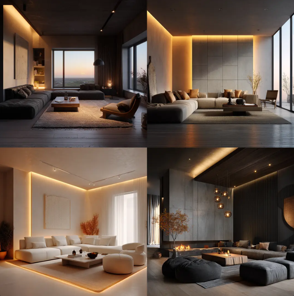 Modern minimalist interior design, open concept, natural light, contemporary furniture