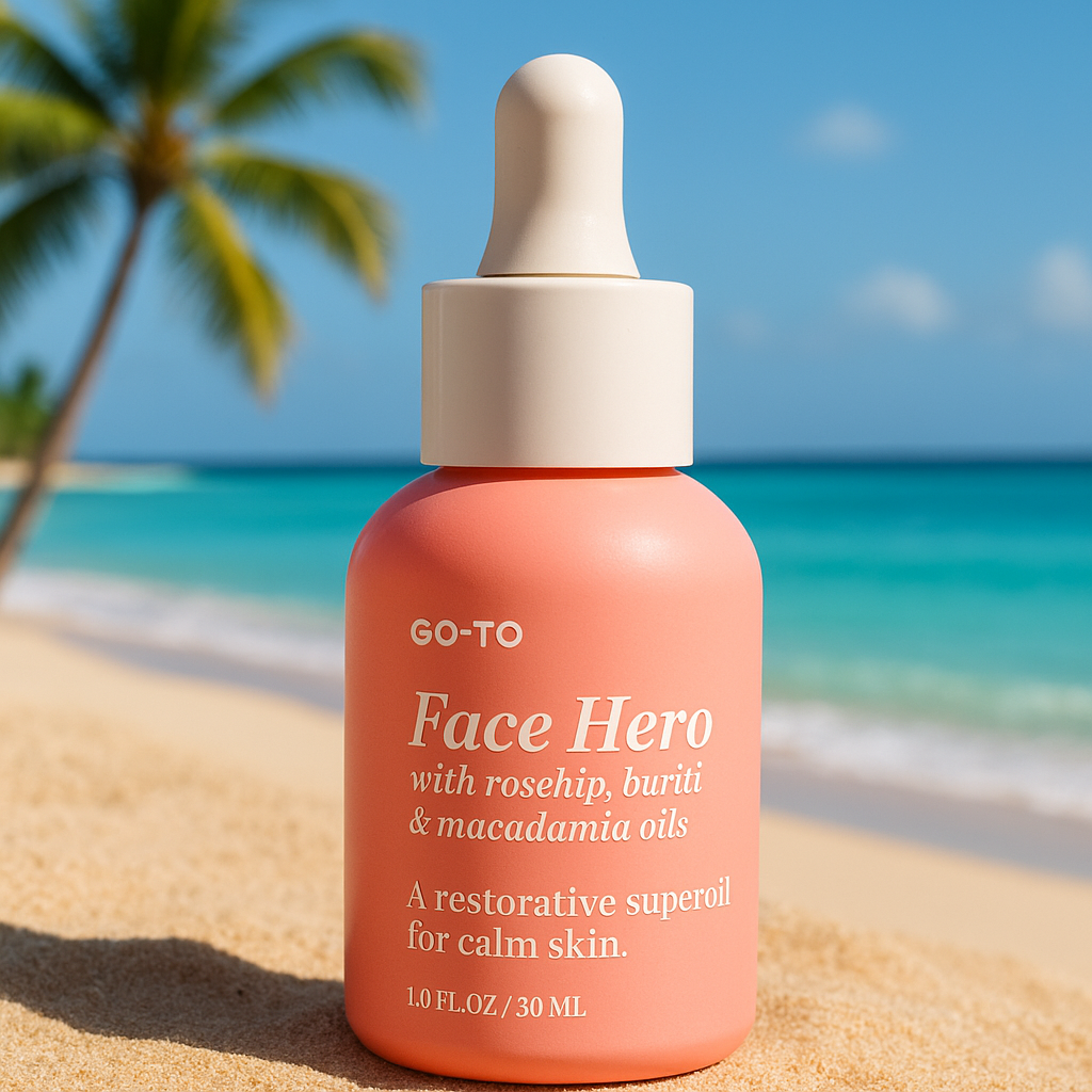 Place product on tropical beach background with palm trees, golden hour lighting, professional product photography