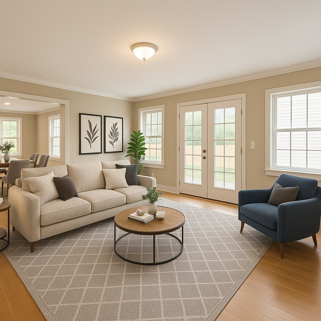 Modern minimalist living room with warm lighting, Scandinavian furniture, cozy atmosphere